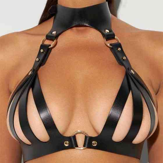 Комплект зі шкірозамінника: ліф і стринги з відкритим доступом Вінниця