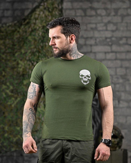 Трикотажна мілітарі футболка череп олива ДЛ6513 Одесса - изображение 2