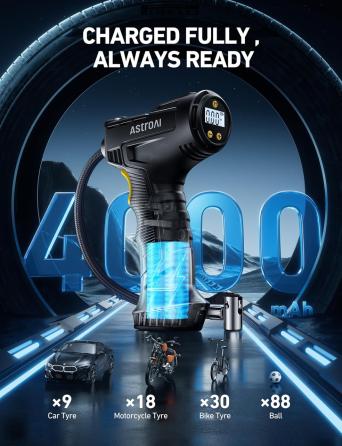 Беспроводной компрессор AstroAI C4 150 PSI, автостоп, цифровой манометр, LED, 4 адаптера, 450 г, для авто/мото/вело Киев