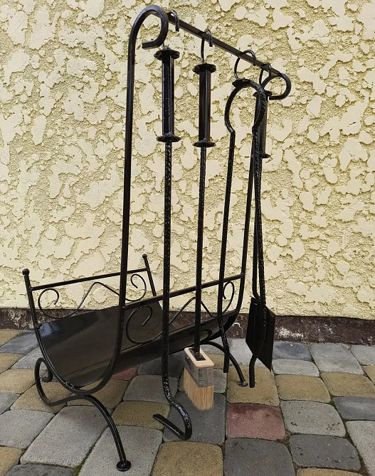 Набір для каміну кований №3 (дровниця, совок, щітка, кочерга, щипці) Б3892 Чорний Київ - фото 1
