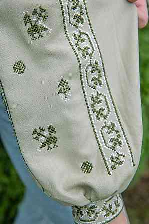 Вышиванка женская с длинным рукавом  льняная, оливковая топ Киев
