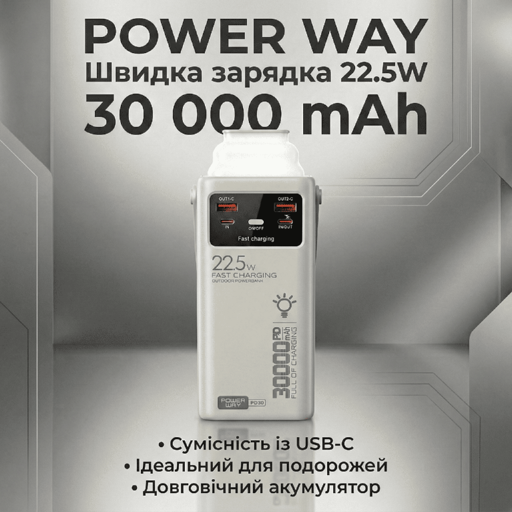 Повербанк Power Way PD-30 30 000 mAh PD 20W + QC 22.5W Белый Днепр - изображение 1