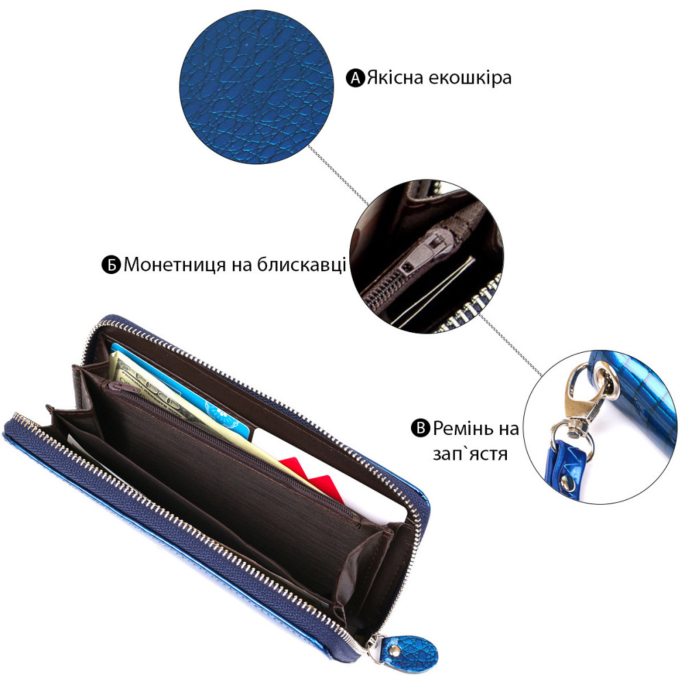 Гаманець жіночий на одну блискавку з екокожі лаковий KIVI 19028 Синій Київ - фото 5