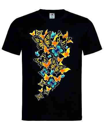 Черная футболка с желто-голубыми бабочками Черный, XL Городище