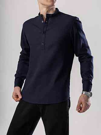 Рубашка из льна мужская синяя однотонная синяя. Рубашка casual на пуговицах синяя Pobedov Exlnt Киев