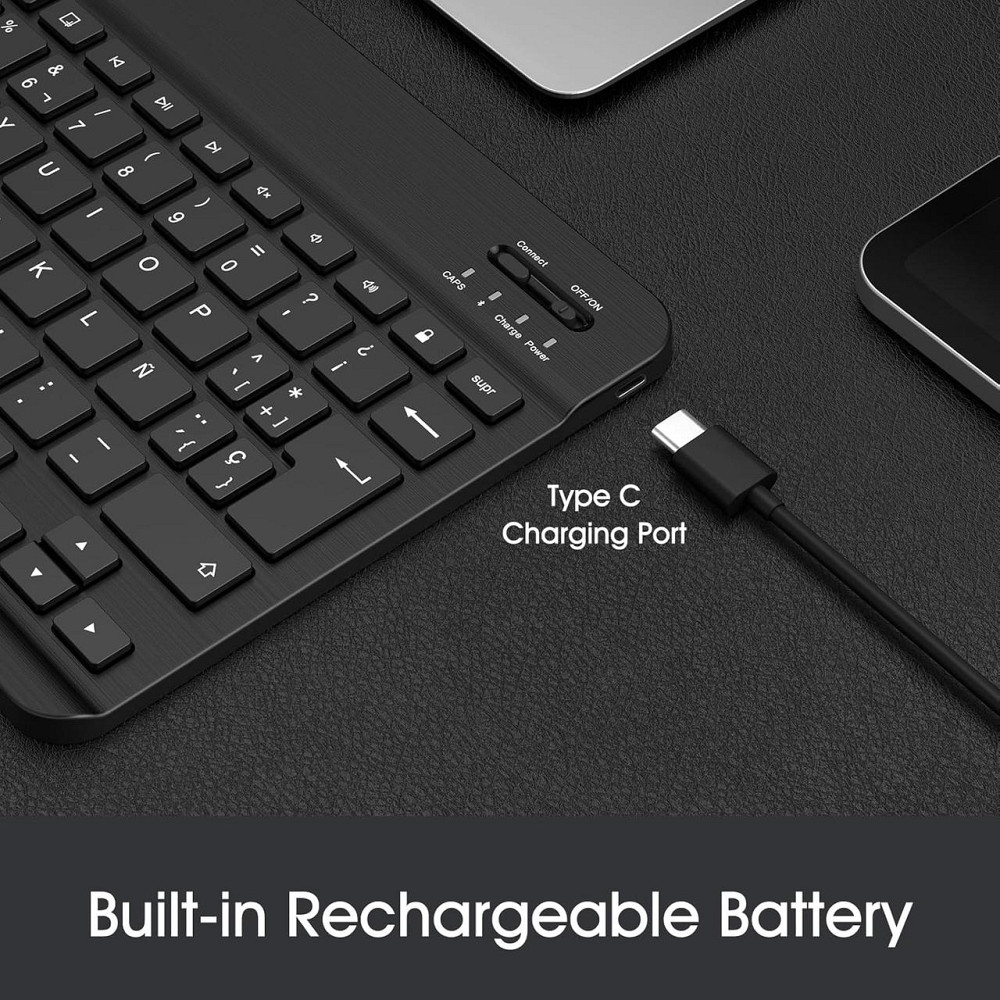 Бездротова Bluetooth клавіатура 10” для iOS та Android, планшета iPad, ультратонка, іспанська QWERTY розкладка, чорна Київ - фото 6