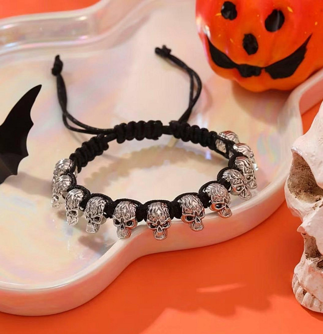 Браслет с черепами на шнурке, готический стиль, регулируемый аксессуар унисекс Киев - изображение 3