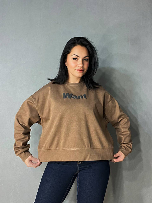 Свитшот женский U S 293 широкий оверсайз трикотаж надпись WANT, коричневый, one size Киев - изображение 4
