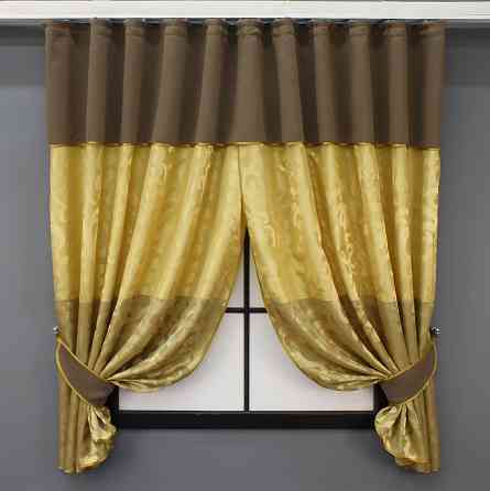 Кухонные шторы VR-Textil № 073к с ламбрекеном и подхватами золотистый с коричневым 270х150 см (59-953) Киев