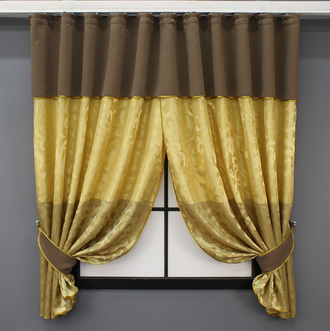Кухонные шторы VR-Textil № 073к с ламбрекеном и подхватами золотистый с коричневым 270х150 см (59-953) Киев - изображение 1