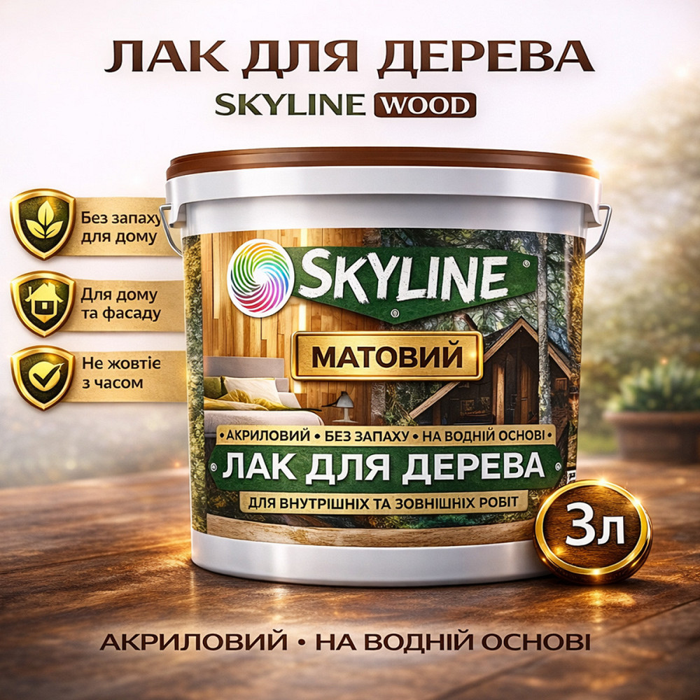 Лак для дерева Skyline матовий акриловий прозорий без запаху для внутрішніх та зовнішніх робіт 3 л Харків - фото 1
