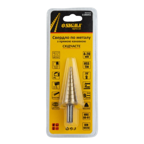 Сверло по металлу d4-20мм HSS-TIN титан ступенчатое прямая канавка шаг 2мм SIGMA Житомир