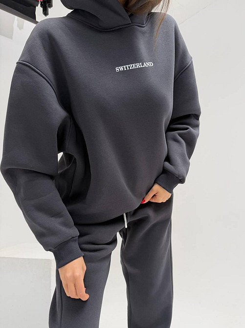 Жіночий стильний спортивний костюм-двійка: худі + штани, тринитка Пен'є на флісі турція Графіт, 42/44 Одеса - фото 2