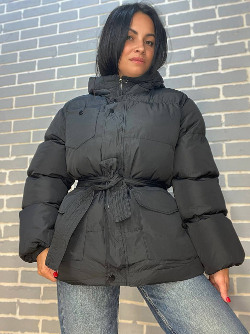 Куртка жіноча RUIXI 6093 парка пуффер з паском подовжена з капюшоном оверсайз, чорний, 46 Одеса - фото 3