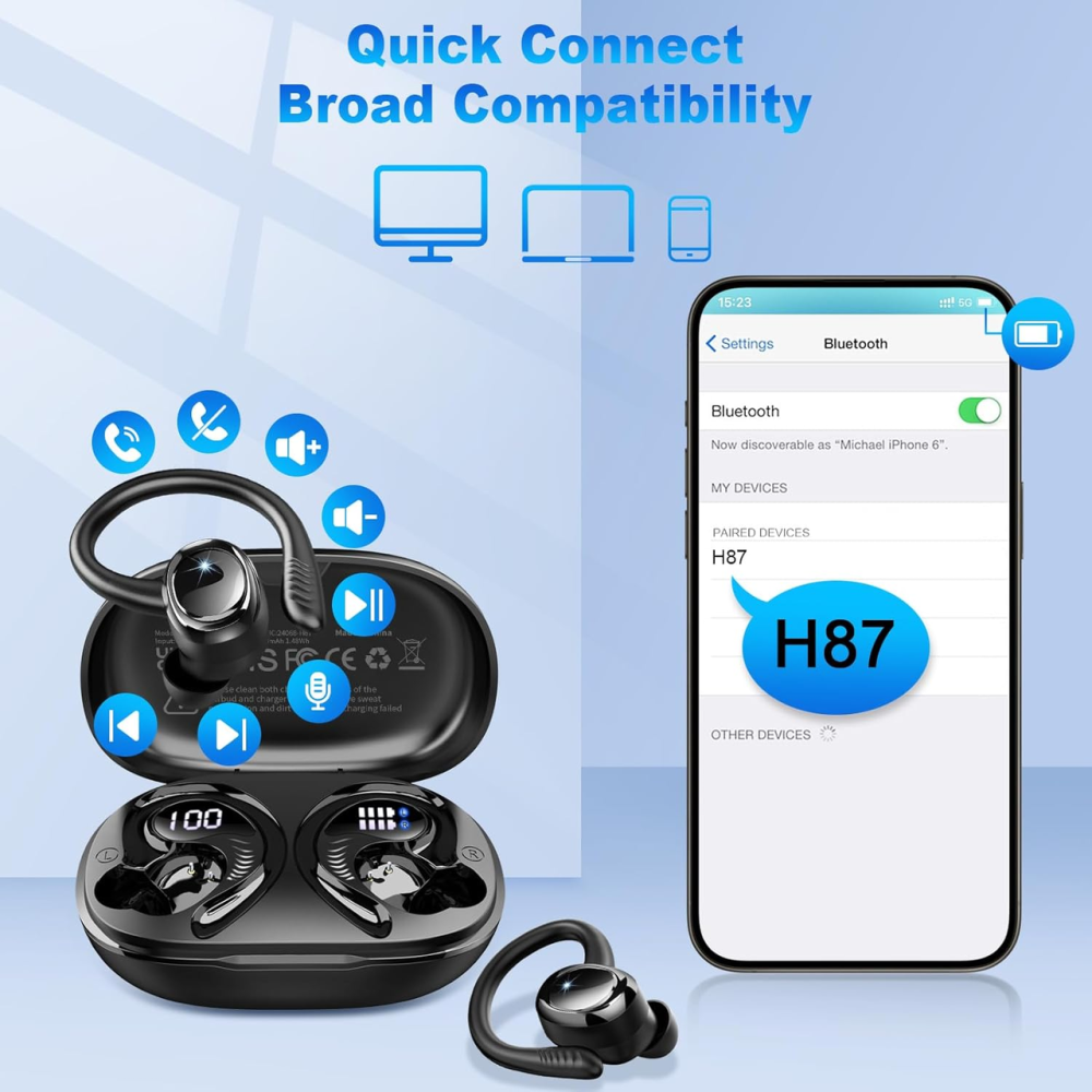 Бездротові спортивні навушники H87 Bluetooth 5.4, IPX7, до 50 годин, ENC, USB-C, чорні Київ - фото 8