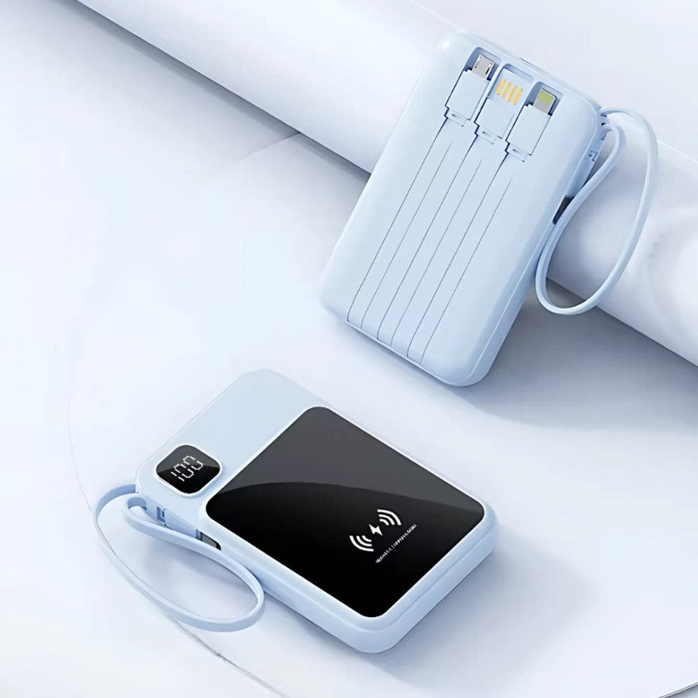 Павербанк беспроводной магнитный 10000мАч Powerbank с быстрой зарядкой, 4 встроенными кабелями, голубой Каменец-Подольский - изображение 6