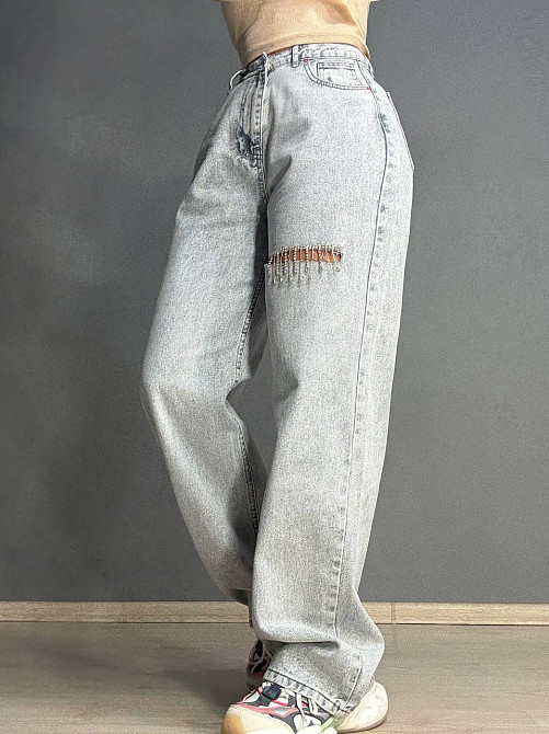 Джинси жіночі Its Basic 2775 STRAIGHT FIT прямі вільні з розрізом і стразами сірі, сірий, 38, 38, 74 см, 100 см Київ - фото 15