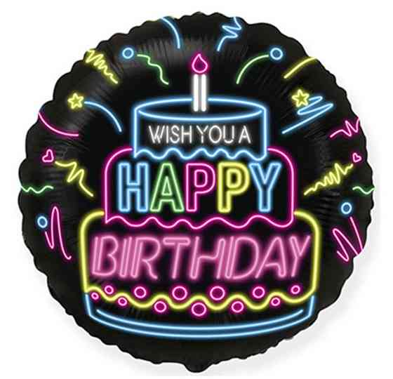Фольгована куля happy birthday торт неон 18" 45 см Київ