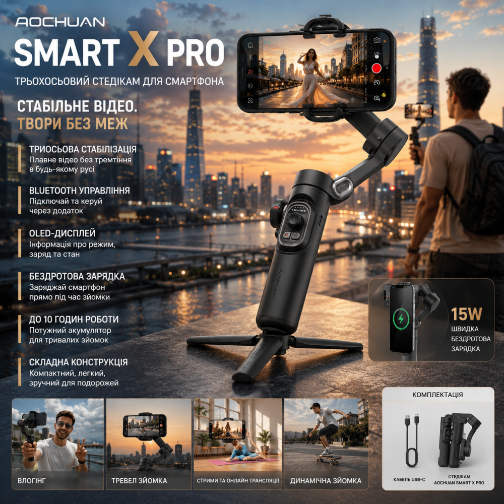 Стедикам AOCHUAN Smart X Pro: Трехосевой Bluetooth стабилизатор для смартфона, OLED-дисплей, беспроводная зарядка, Grey Киев - изображение 1