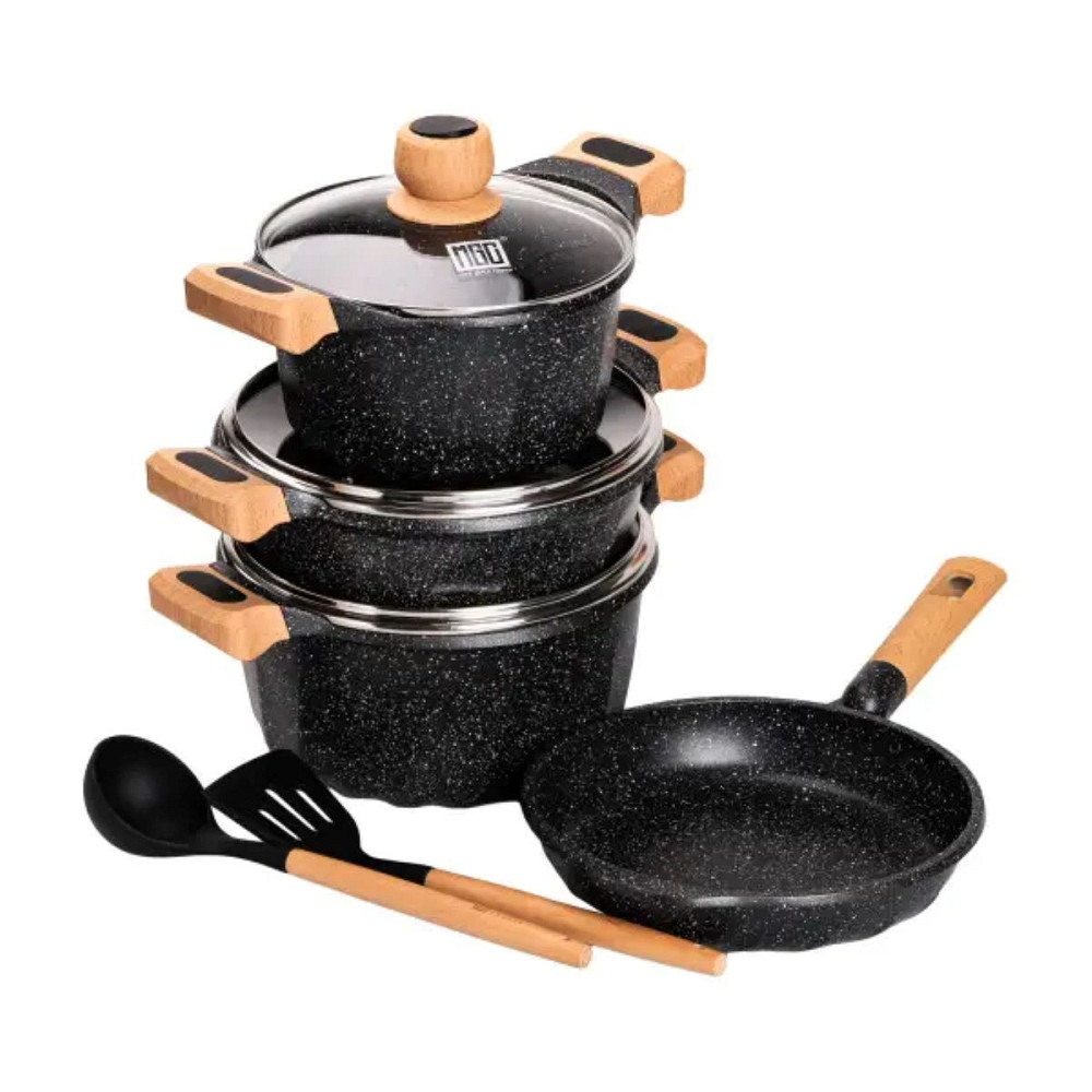 MGC Набір посуду, 3 каструлі, з товстодонною алюмінієвою лопаткою та ополоником MGC, чорний HP- Коломия - фото 1