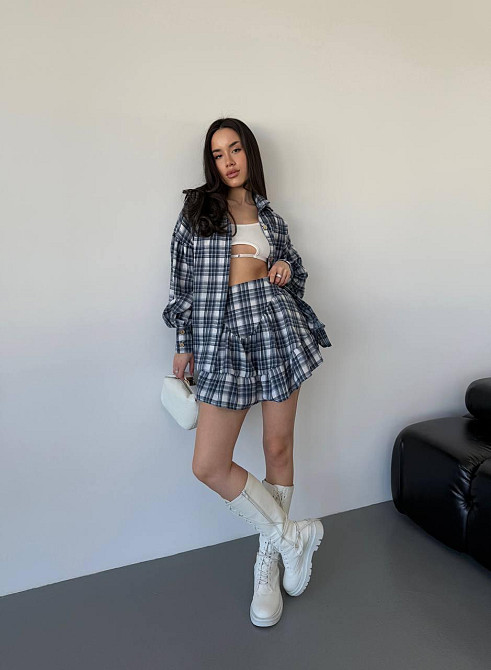 Женский стильный костюм двойка: рубашка и юбка в клетку тиар Джинс, 46/48 Одесса - изображение 3