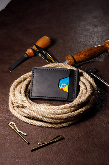 Затиск для грошей шкіряний чоловічий з відділеннями для карт, місткий гаманець на кнопці, чорнийMasterSem Київ - фото 3