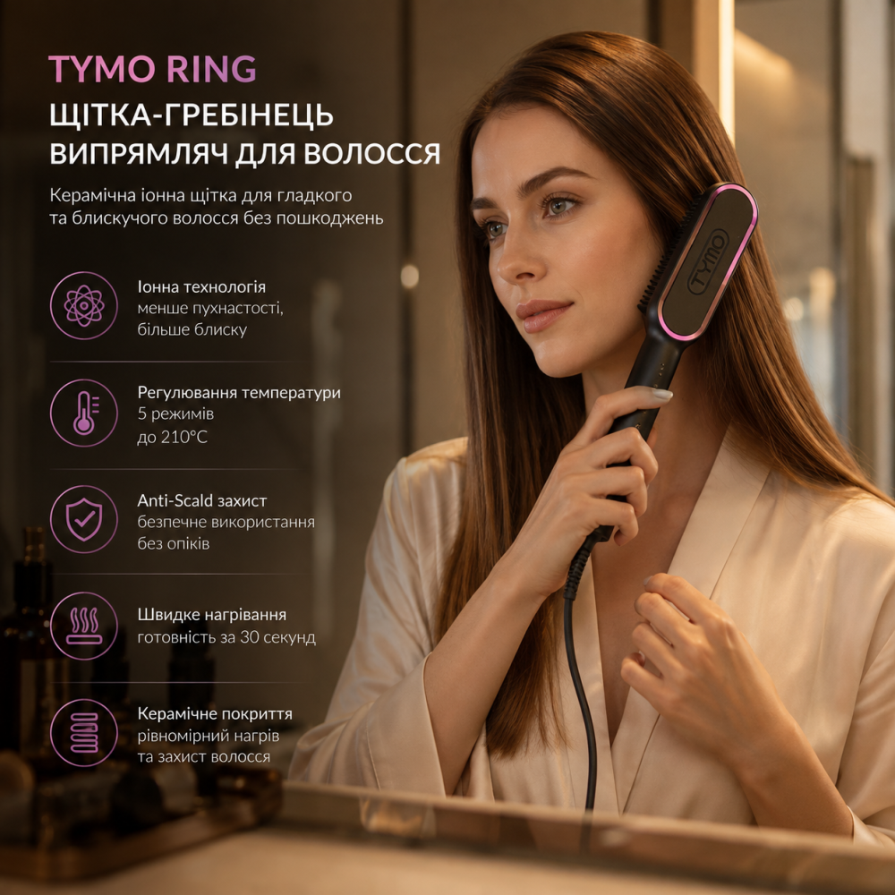 Щетка-расческа выпрямитель TYMO Ring Hair Straightener Comb для волос | Керамическая ионная щетка 210°C, 5 режимов, Anti-Scald Киев - изображение 10