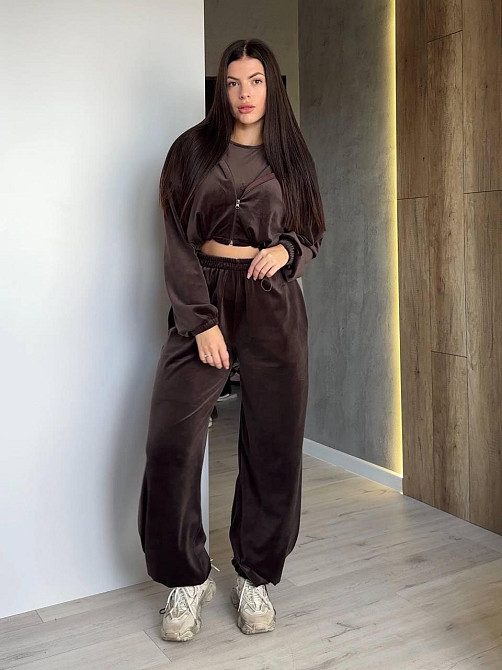 Женский прогулочный костюм тройка: худи топ и штаны велюр плюш Шоколад, 42/44 Одесса - изображение 4