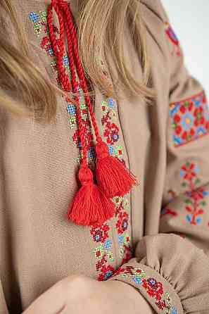 Вишиванка для дівчаток, кавова, лляна, з довгим рукавом, топ Київ