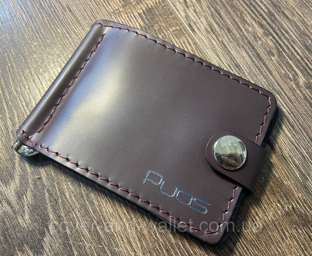 Тонкий шкіряний затискач для грошей на кнопці з кишенями для карток PUOS Київ - фото 1
