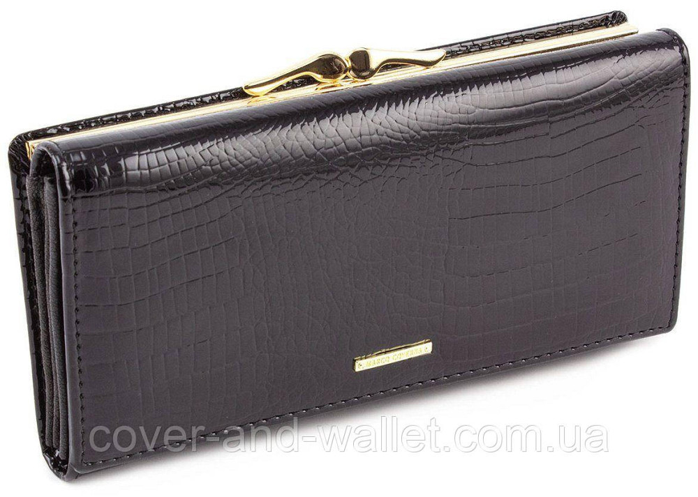 Чорний лаковий жіночий гаманець з натуральної шкіри на магнітній фіксації Marco Coverna Київ - фото 6