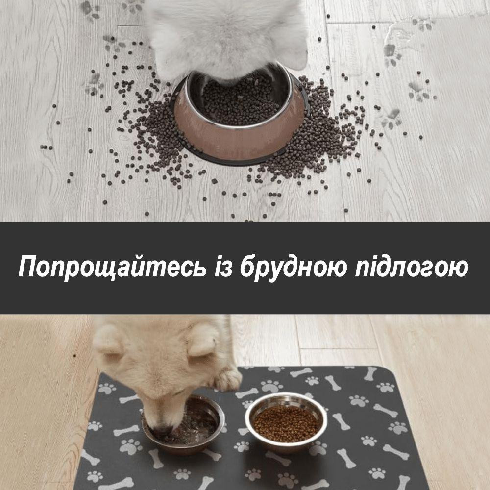 Антиковзний Поглинаючий Швидковисихаючий Килимок під миски для домашніх тварин Кісточки 40 х 55 см Чорний Буча - фото 5