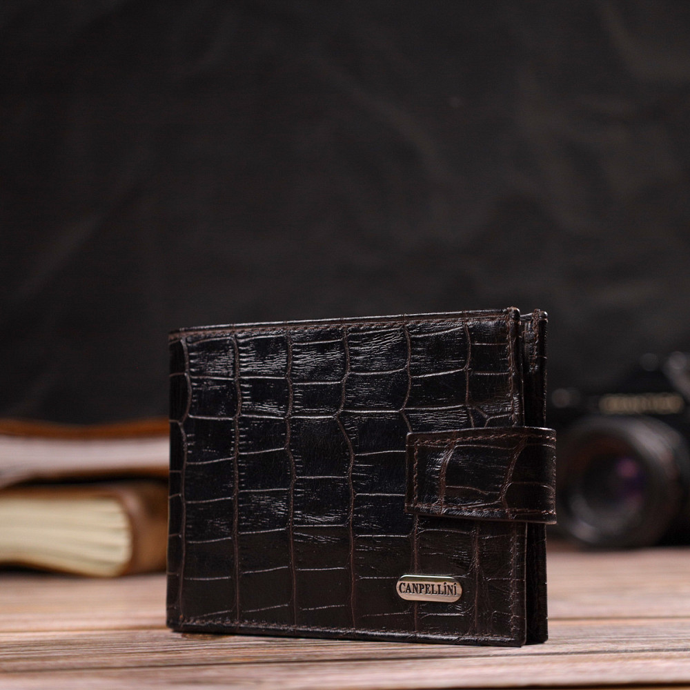 Фактурний невеликий чоловічий гаманець з натуральної шкіри з тисненням під крокодила CANPELLINI 21747 Чорний Київ - фото 3