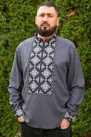 Вишиванка чоловіча, лляна, з довгим рукавом, темно-сіра льон  Одяг, топ 48/50 Київ