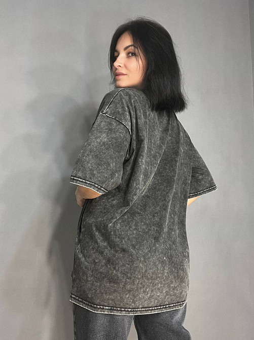 Футболка жіноча E-F 8089 варена тай дай оверсайз з малюнком собаки далматинець темно сіра, темно-сірий, 48 Київ - фото 12