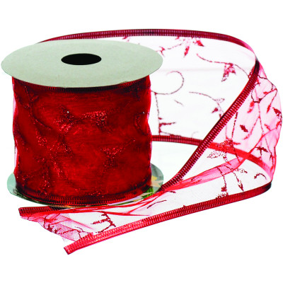 Лента на елку Jumi с красным узором 6,3 см, органза, дл. 2,7м (5900410379961) Винница - изображение 1