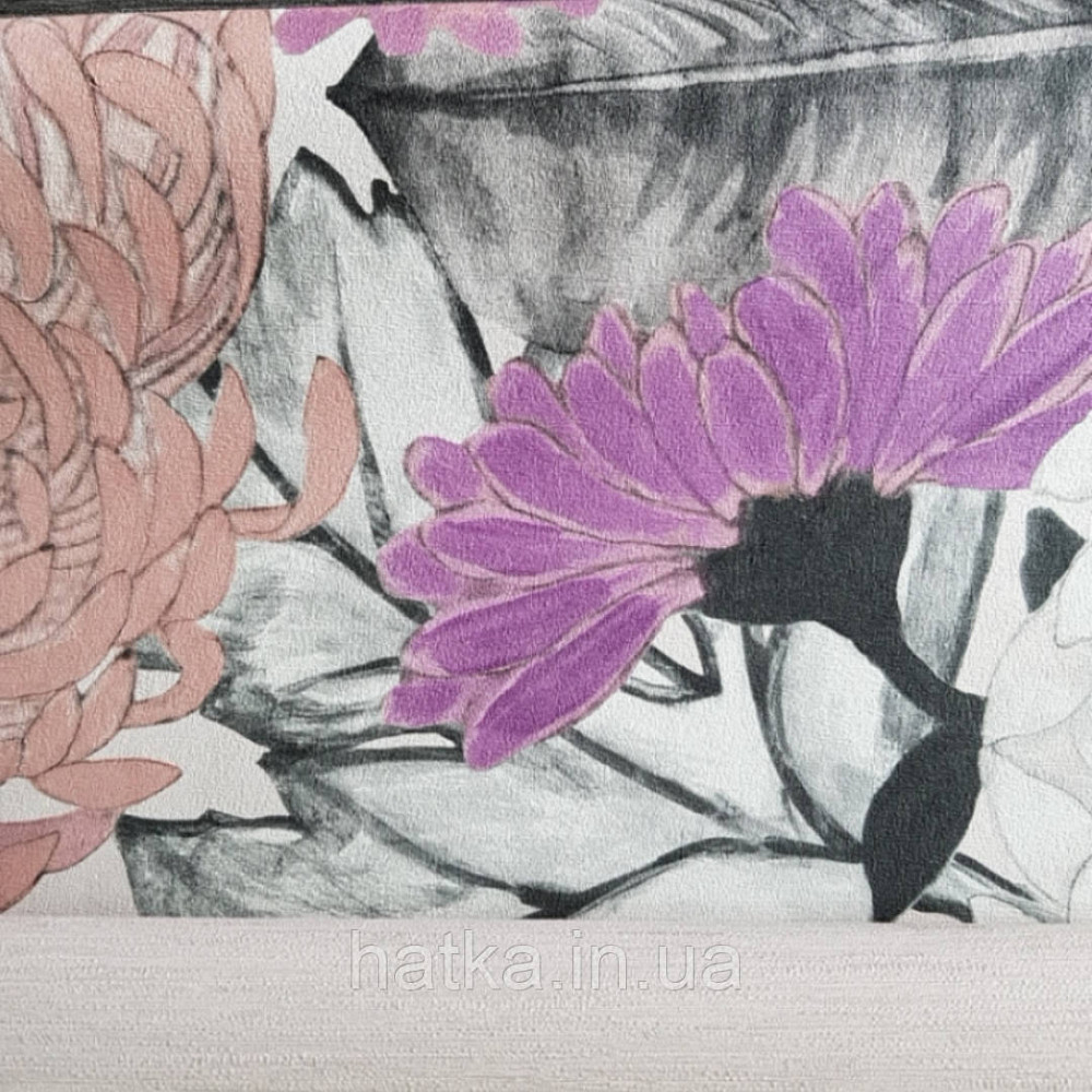 Шпалери вінілові Decopreint Breeze квіти хризантеми великі бузкові рожеві чорні акварель 0.53х10 м Київ - фото 3