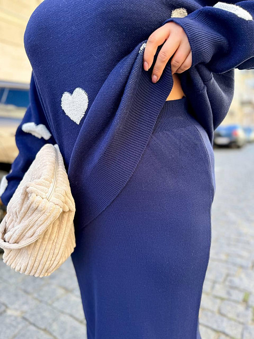 Жіночий теплий костюм-двійка з сердечками дрібне машинне в'язання Темно-синій Одеса - фото 4