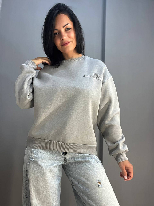 Свитшот женский Pepper mint 24-15 оверсайз удлиненная надпись впереди утепленный флис, серый, L Киев - изображение 7