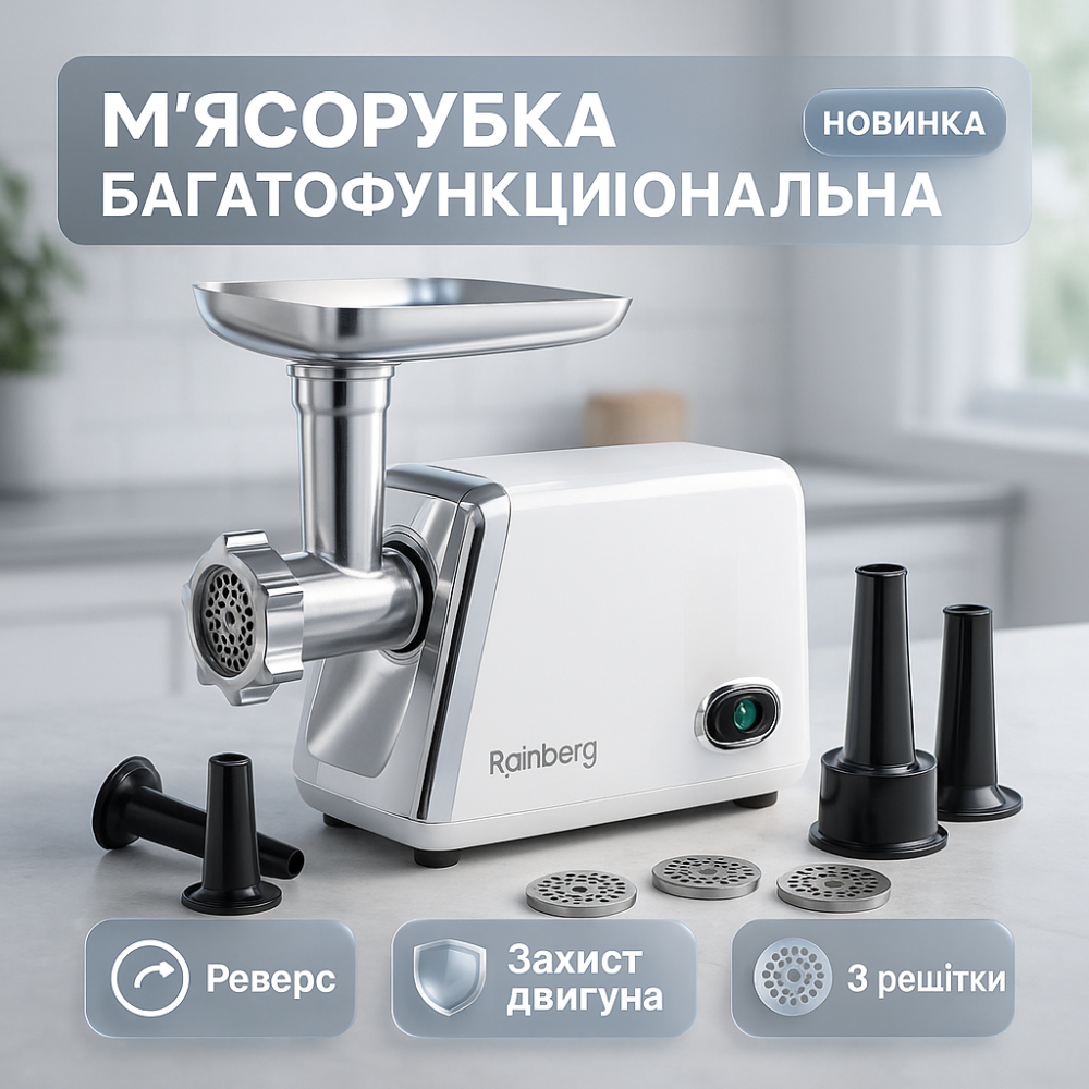 М'ясорубка електрична Rainberg RB-2329 з насадками для ковбас кеббе Електром'ясорубка з реверсом 3000Вт JS-46 Львів - фото 17