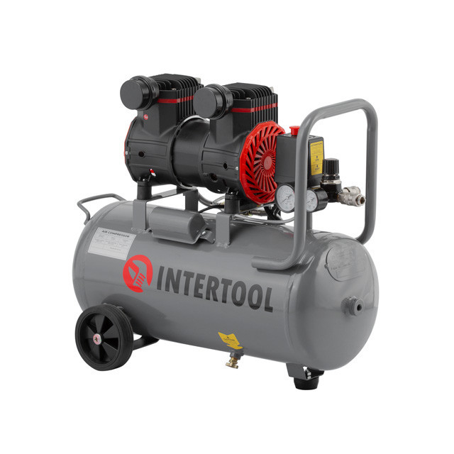 Компресор, 24 л, 1,5 кВт, 230 В, 8 атм, 250 л/хв, 2800 об/хв,  безмасляний, 2 циліндри, 68 дБ INTERTOOL PT-0033 Киев - изображение 2