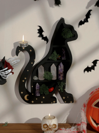 Полка настенная из дерева Кошка, полка деревянная для для украшений, черная со звездами, в размере 35×23см Каменец-Подольский