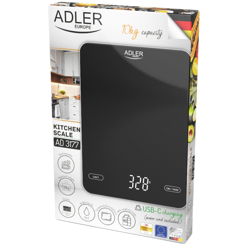 Ваги кухонні Adler AD 3177 black електронні/ 10кг/ г; мл, унція/ USB type C/ автовимкнення/ скло Вінниця - фото 5