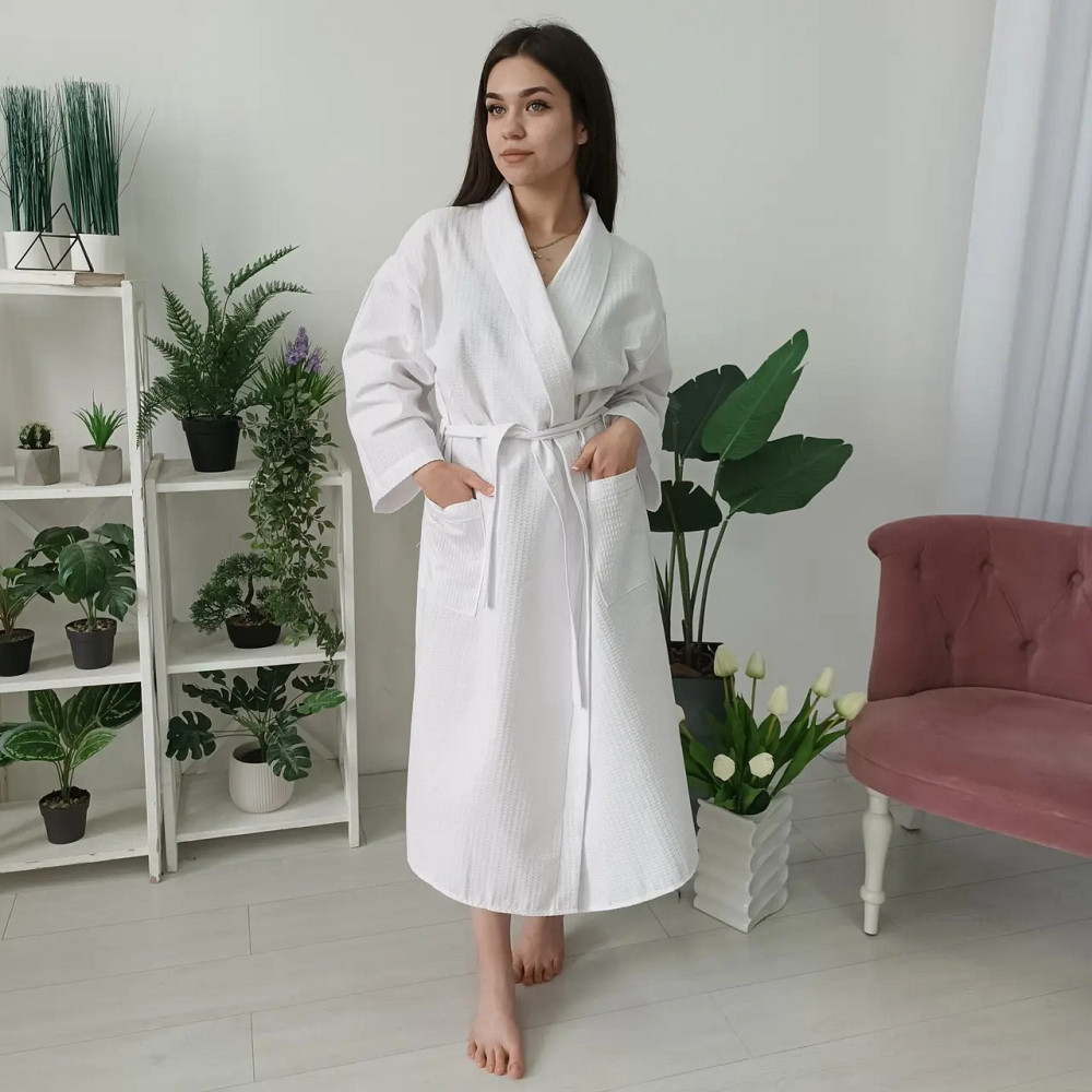 Вафельный женский халат Кимоно YouStar 100% хлопок размер M (48-50) 200 г/м2 (Белый) Сумы - изображение 1