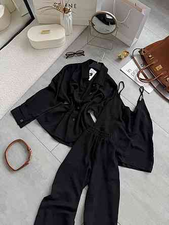 Жіночий легкий прогулянковий костюм-трійка: сорочка майка та штани креп жатка Чорний, 42/46 Одеса
