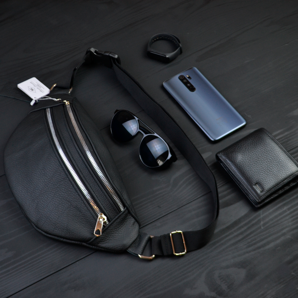 Поясна сумка чоловіча без принта, Бананка шкіряна чоловіча, Бананка чорна з натуральної шкіри BL-96 Львів - фото 19