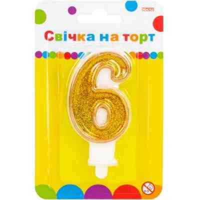 Свічка Maxi золотиста двостороння з блискітками "6", 7,62 см, на торт (MX622083-6) Вінниця