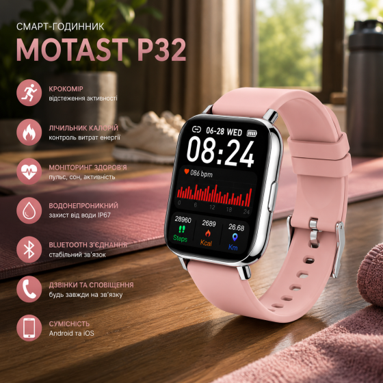Смарт-часы Motast P32 розовые, фитнес-браслет, шагомер, счетчик калорий, Bluetooth, водонепроницаемые, для Android и iOS Киев