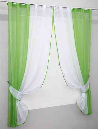 Кухонные шторы VR-Textil № 017к комбинированные с подвязками темно-салатовый с белым 265х170 см (50-639) Киев