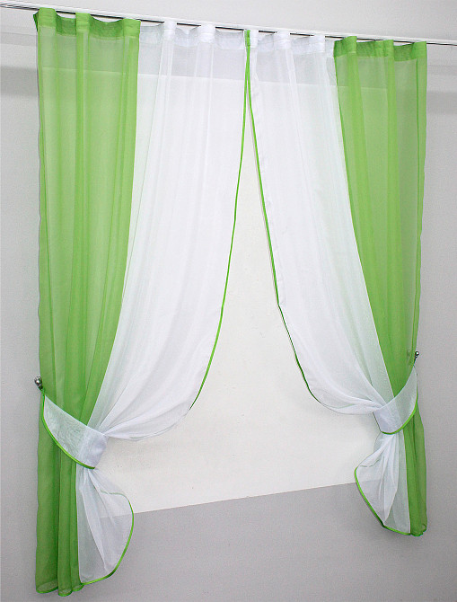 Кухонные шторы VR-Textil № 017к комбинированные с подвязками темно-салатовый с белым 265х170 см (50-639) Киев - изображение 2